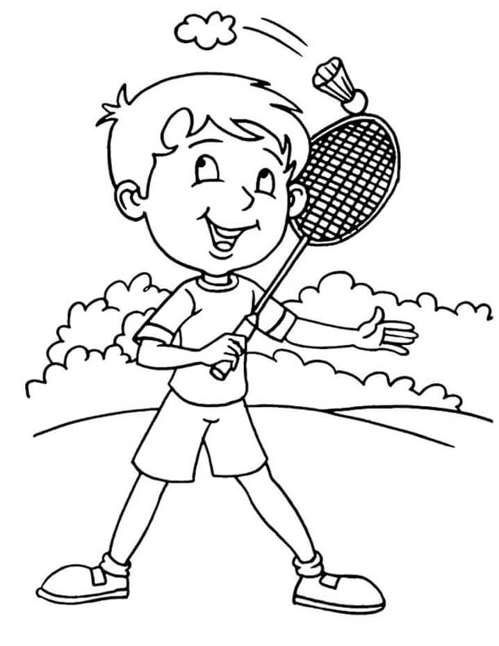 Coloriage Garçon Jouant au Badminton 2 Dessin gratuit à imprimer
