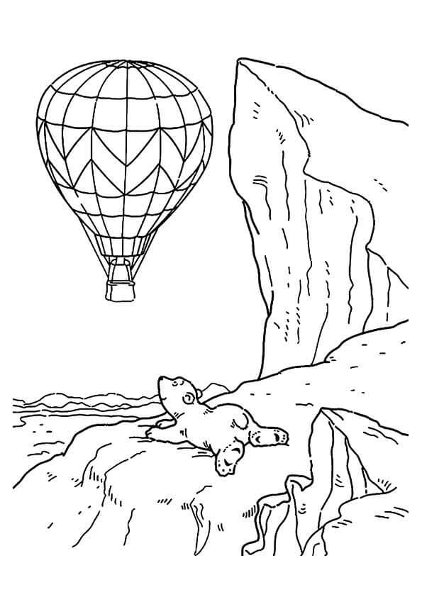 Der Bär Betrachtet den Heißluftballon im Flug