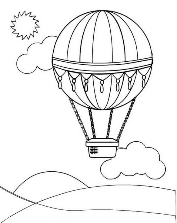 Heißluftballon mit Wolken und Sonne