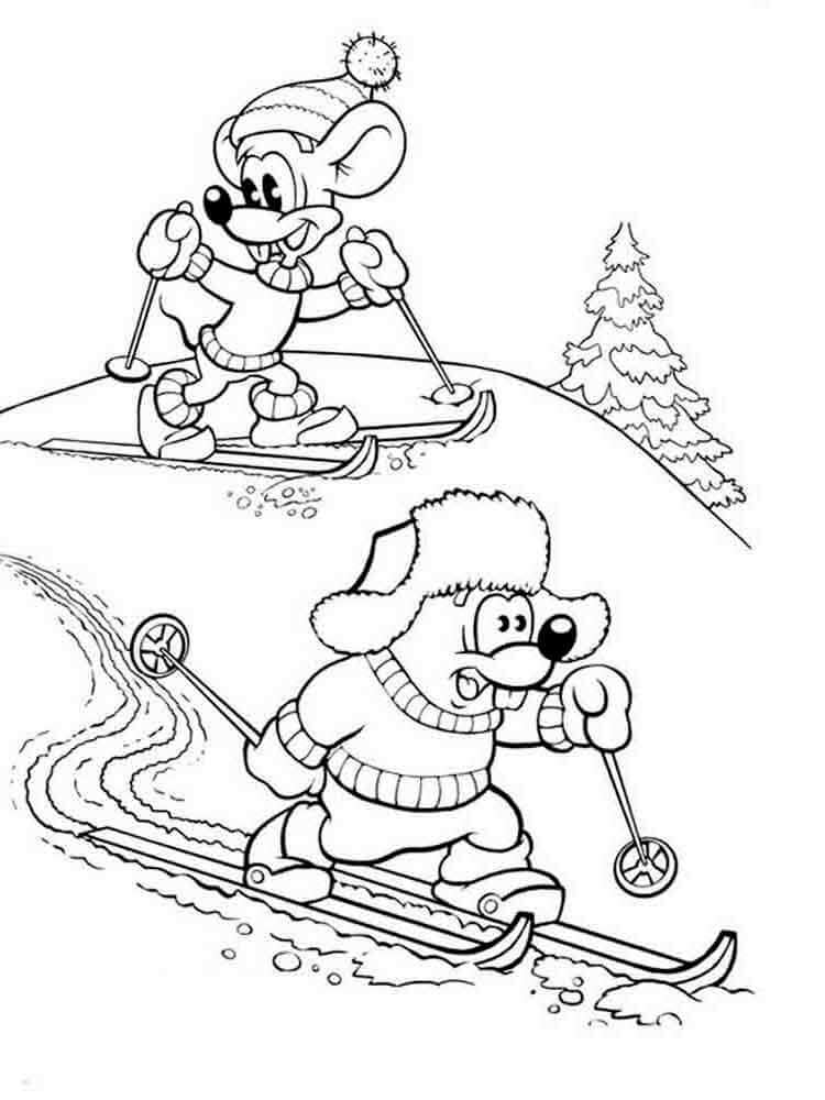Zwei Tiere Skifahren im Winter
