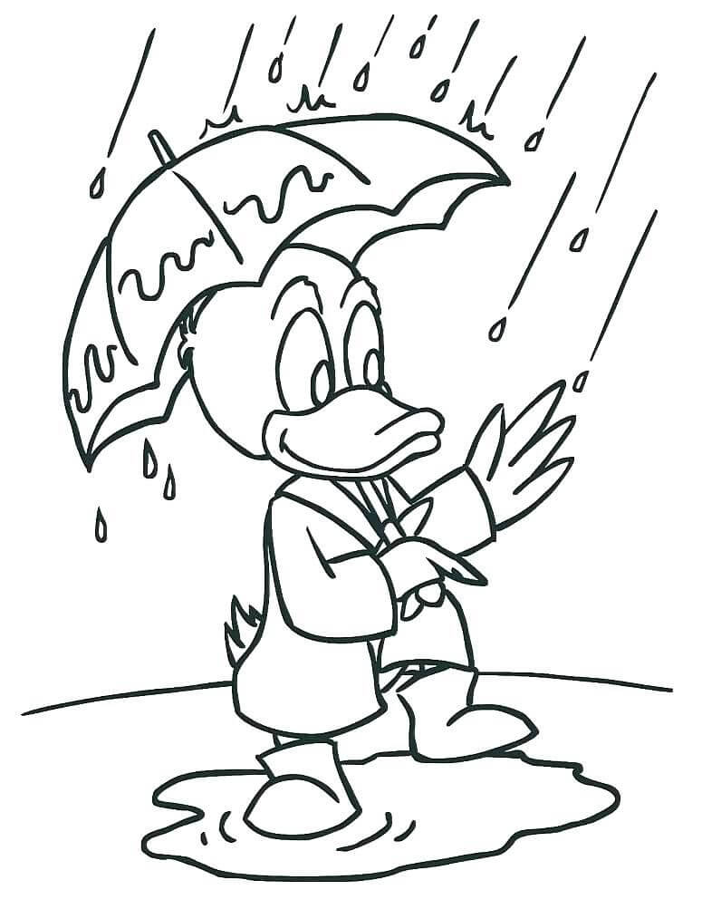 Cartoon-Ente mit Regenschirm im Regen