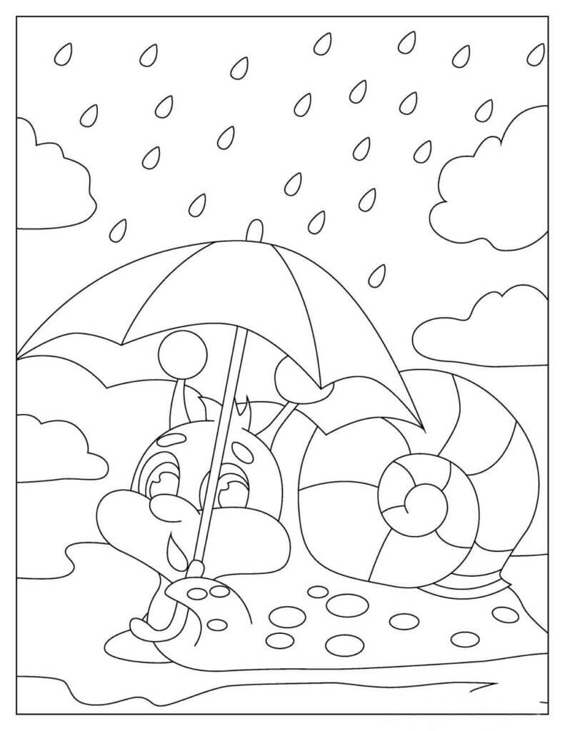 Cartoon-Schnecke mit Regenschirm im Regen