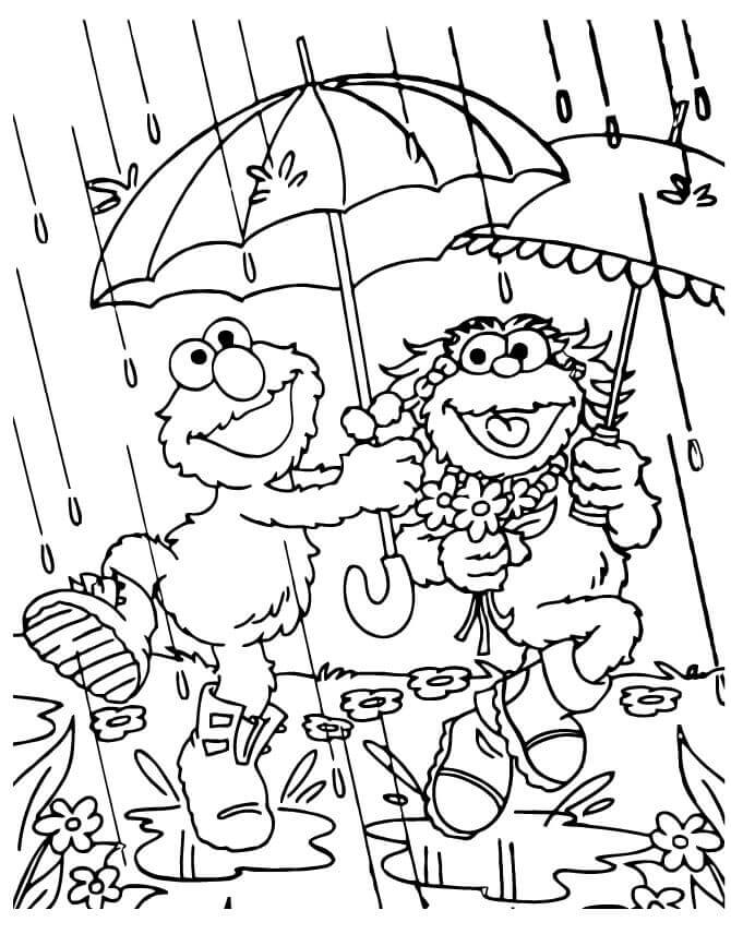 Elmo und Freund halten Regenschirm im Regen