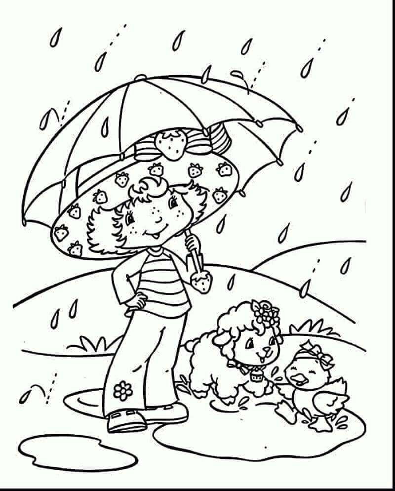Erdbeere mit Regenschirm mit zwei Tieren im Regen