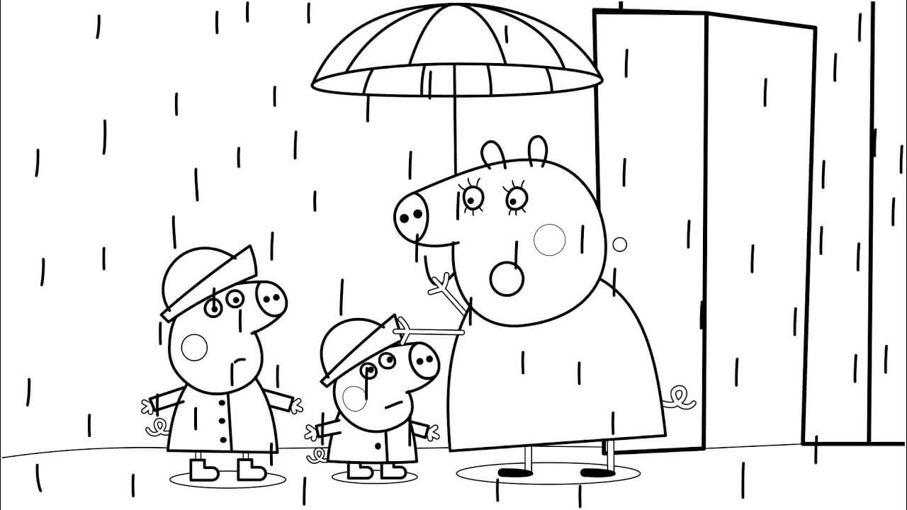Familie Peppa Pig im Regen
