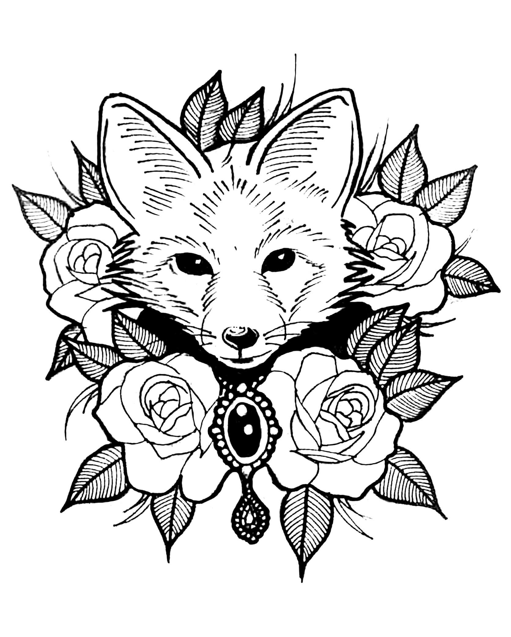 Fuchs mit Rose und Blättern