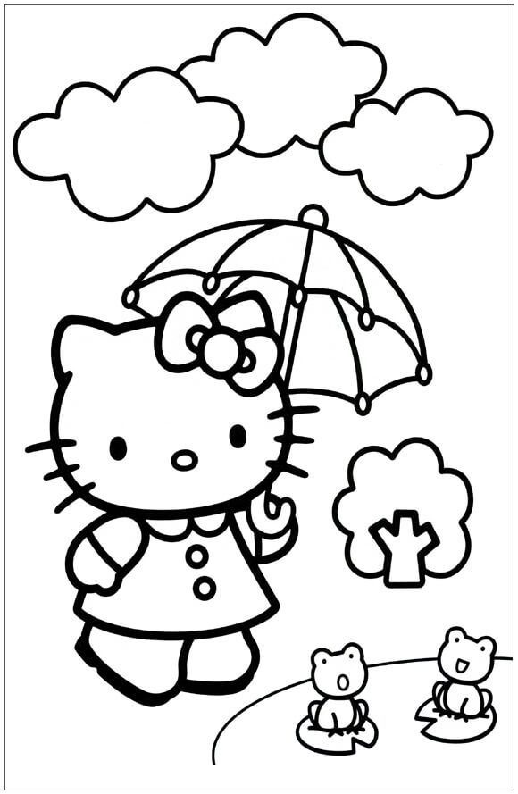 Hallo Kitty mit Regenschirm mit zwei Fröschen