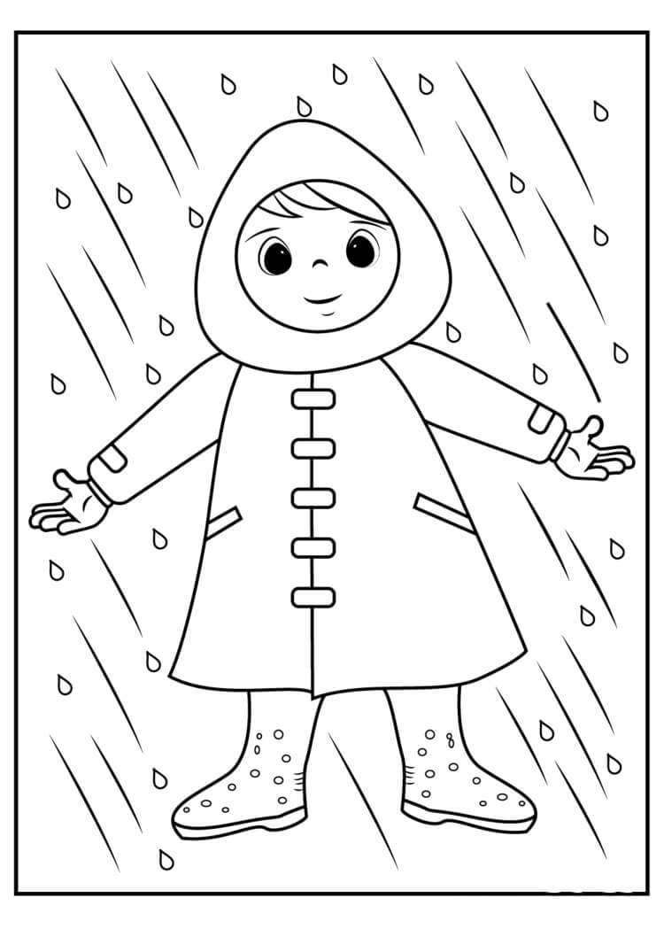 Junge, der einen Regenmantel Trägt, der im Regen Steht
