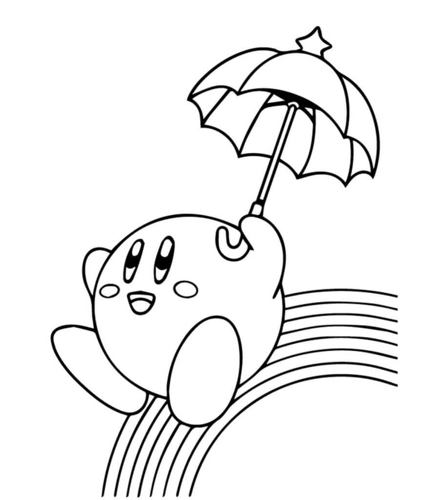 Kirby hält Regenschirm mit Regenbogen