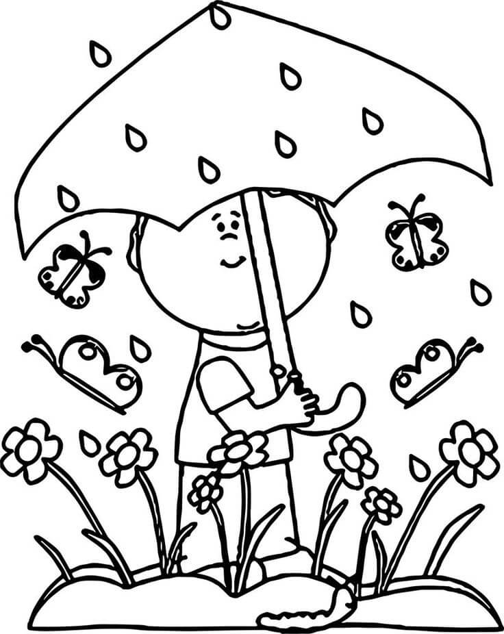 Lächelndes Kind mit Regenschirm mit Schmetterlingen und Blumen im Regen