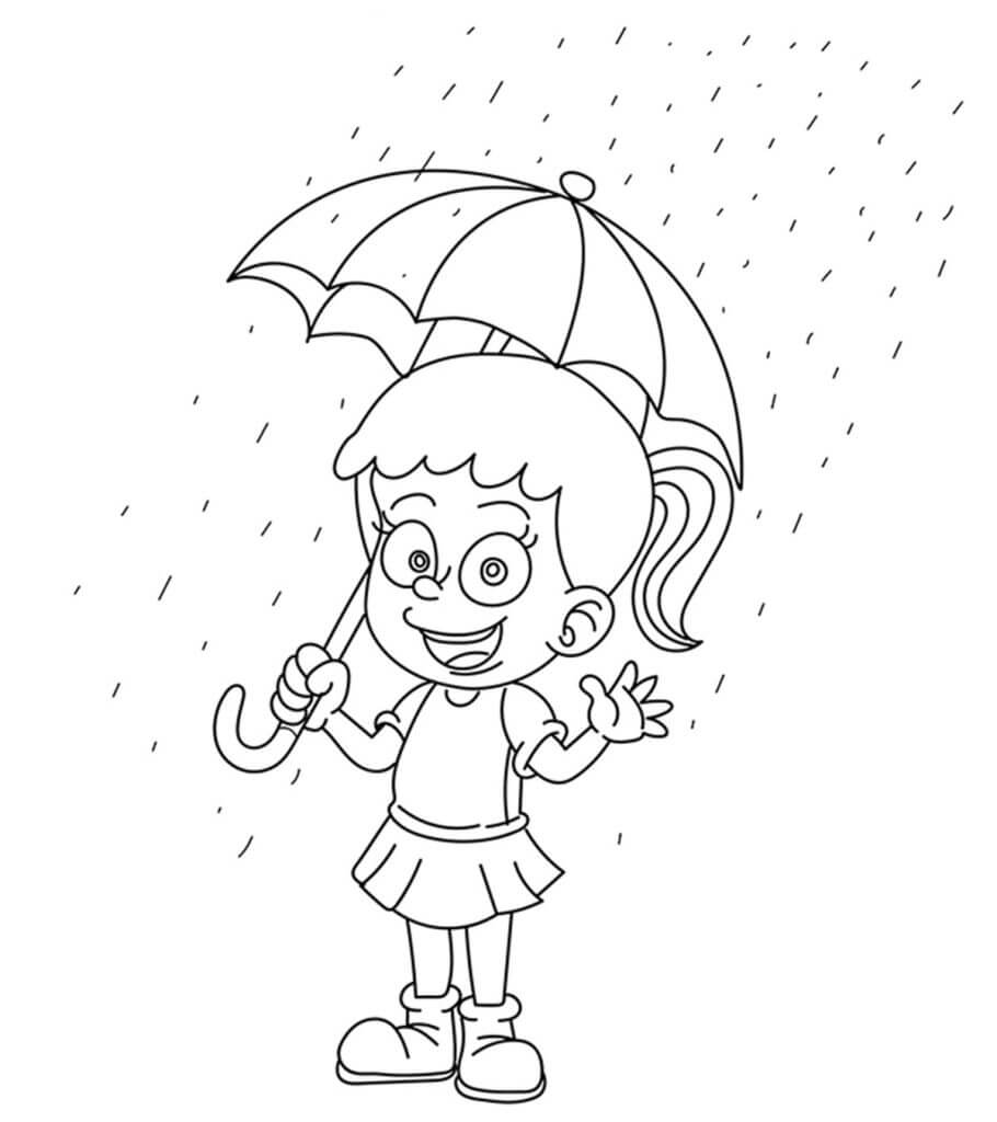 Lustiges Mädchen mit Regenschirm im Regen