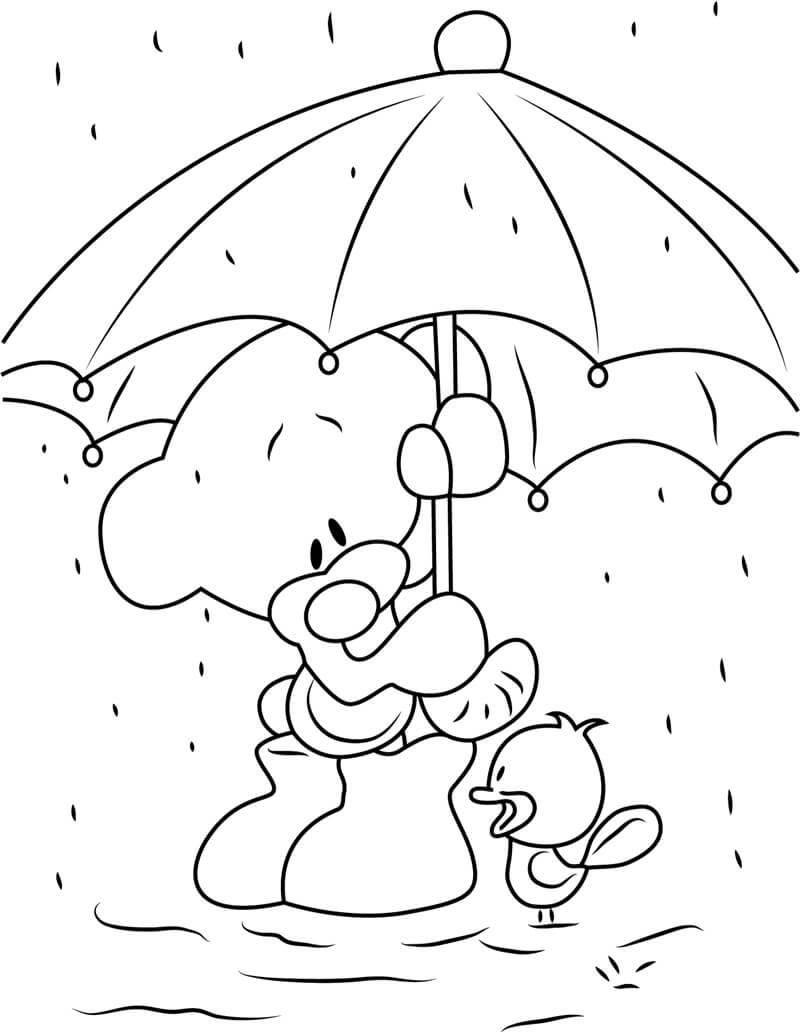 Pimboli-Bär, der Regenschirm hält, Stehen im Regen