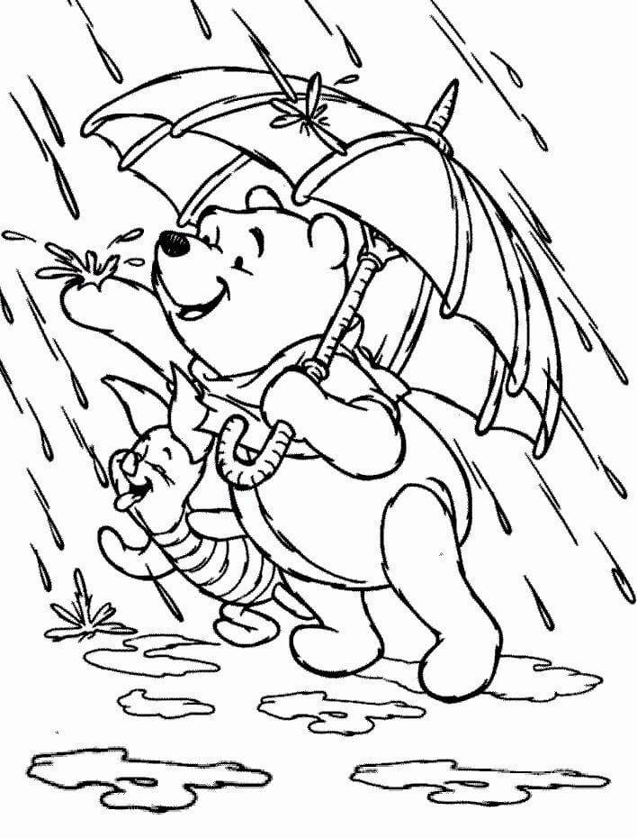 Pooh Bear hält Regenschirm und Ferkel im Regen