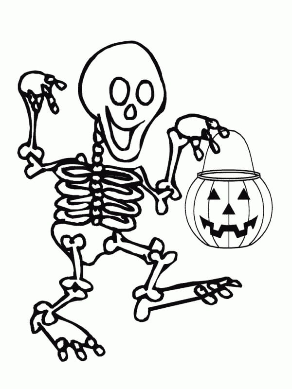 Skelett mit Kürbis-Süßigkeitsbeutel