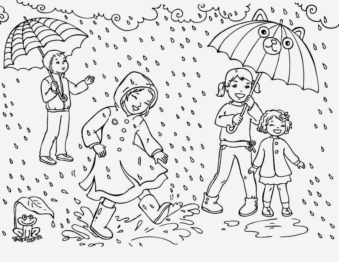 Vier Kinder und ein Frosch im Regen