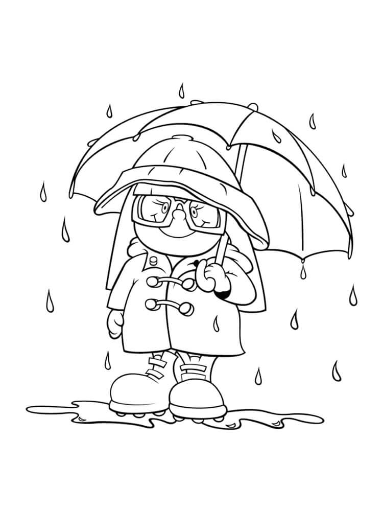 Zeichentrickfigur mit Regenschirm im Regen