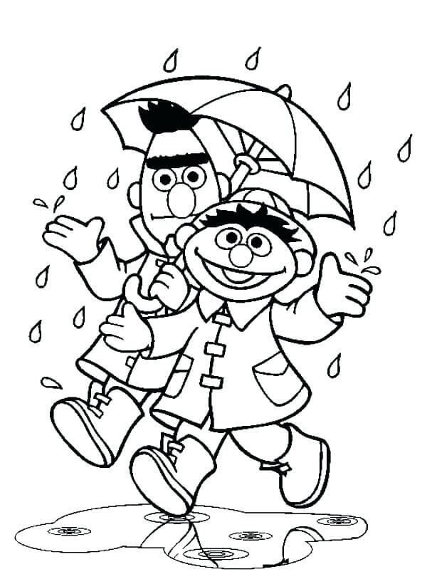 Zeichentrickfiguren laufen im Regen