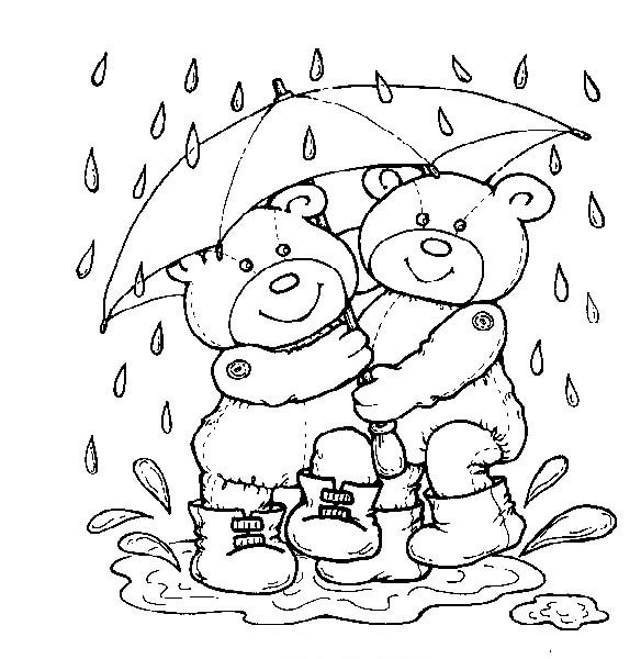 Zwei Teddybären unter Regenschirm im Regen