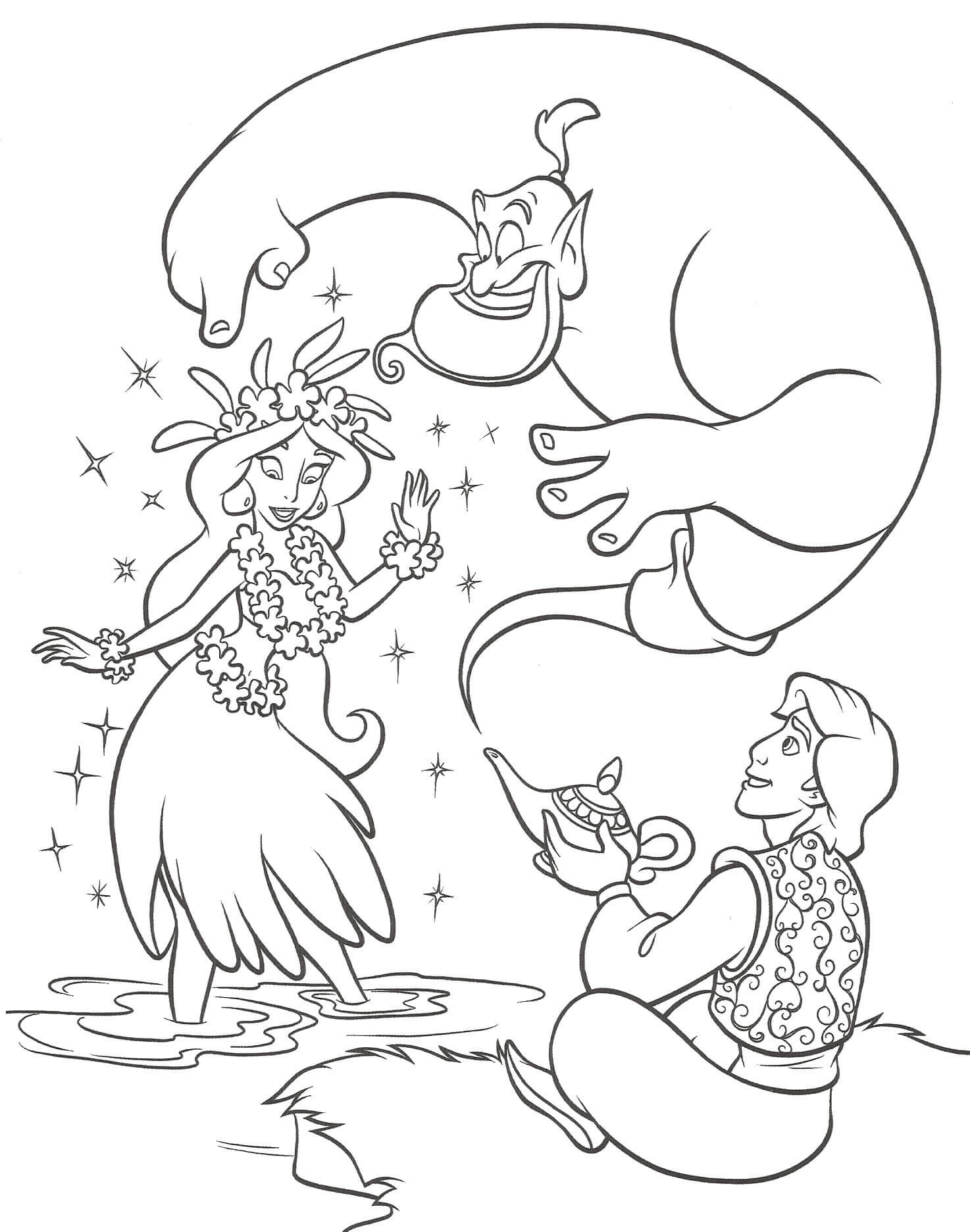 Aladdin und Jasmin mit dem Flaschengeist