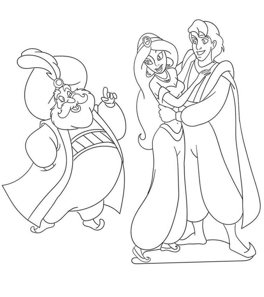 Aladin umarmt Jasmin und König