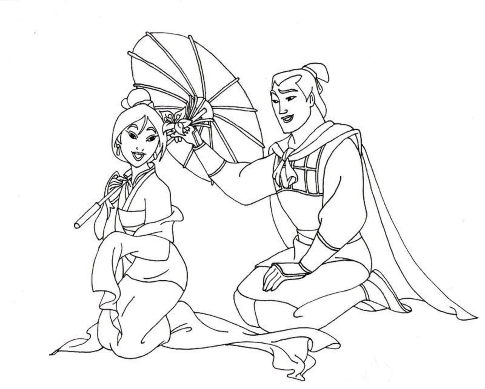 Mulan mit Regenschirm mit Li Shang