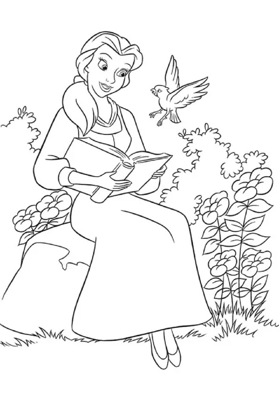 Belle Liest das Buch mit dem Vogel