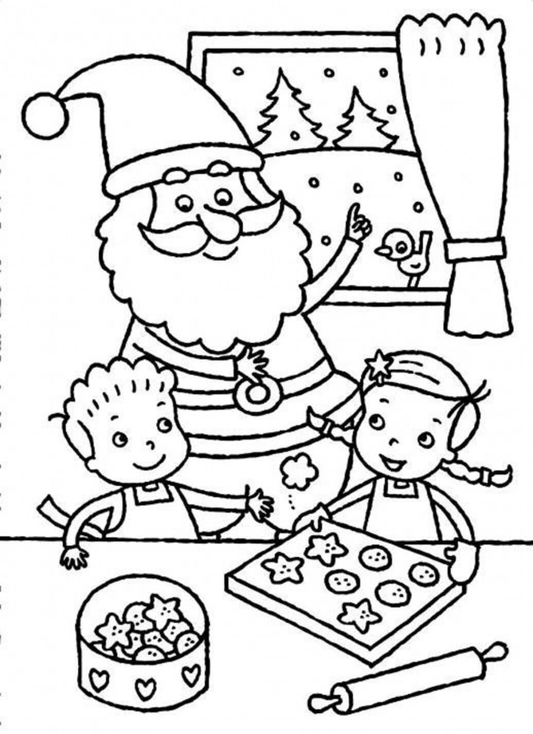 Der Weihnachtsmann und Zwei Kinder Backen Zusammen Kekse