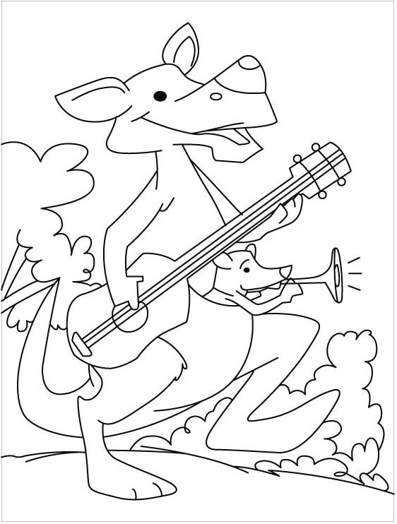 Känguru-Mutter Spielt Gitarre und Känguru-Baby Spielt Flöte