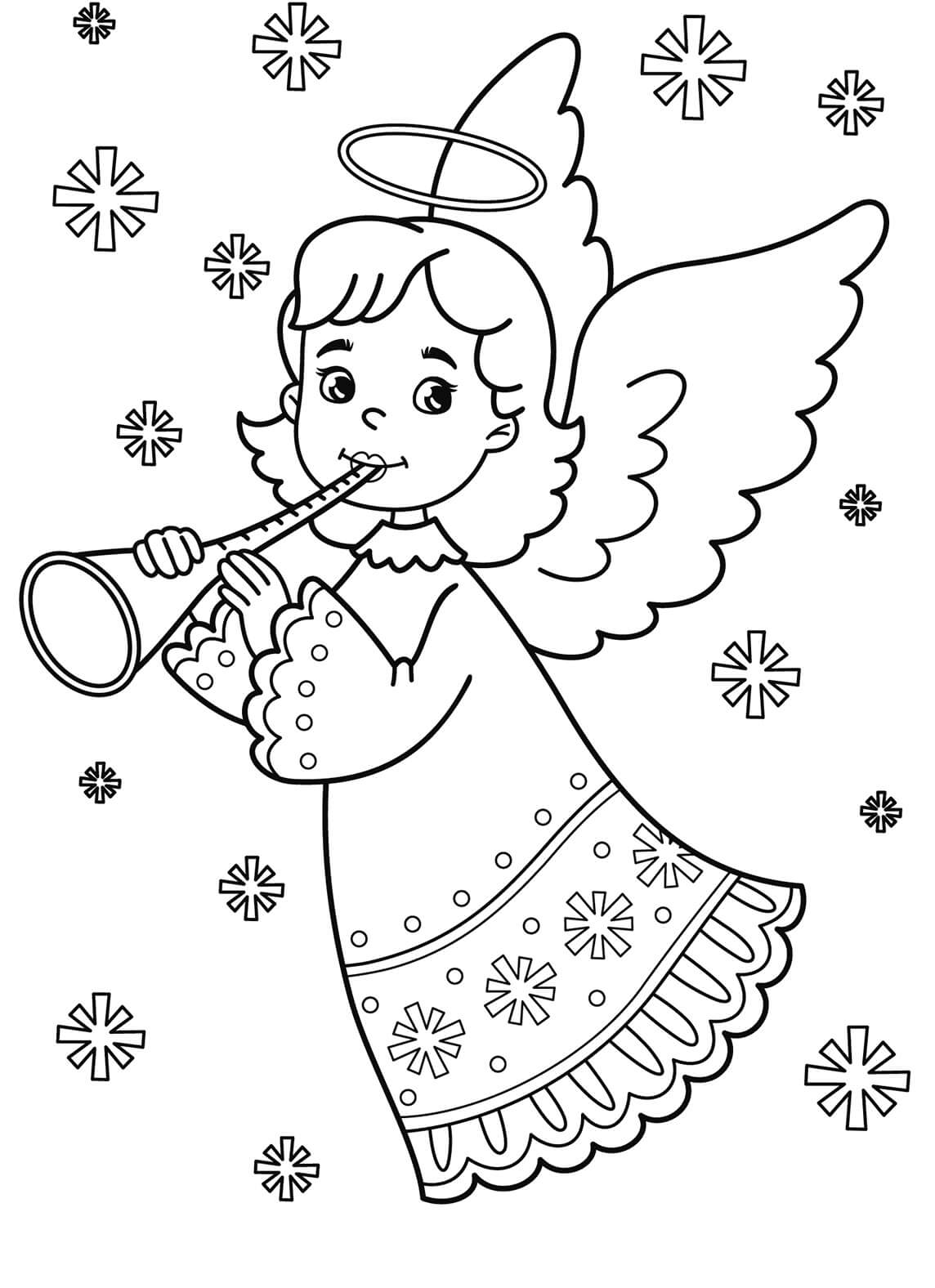 Kleiner Engel, der die Trompete mit Schneeflocken Spielt
