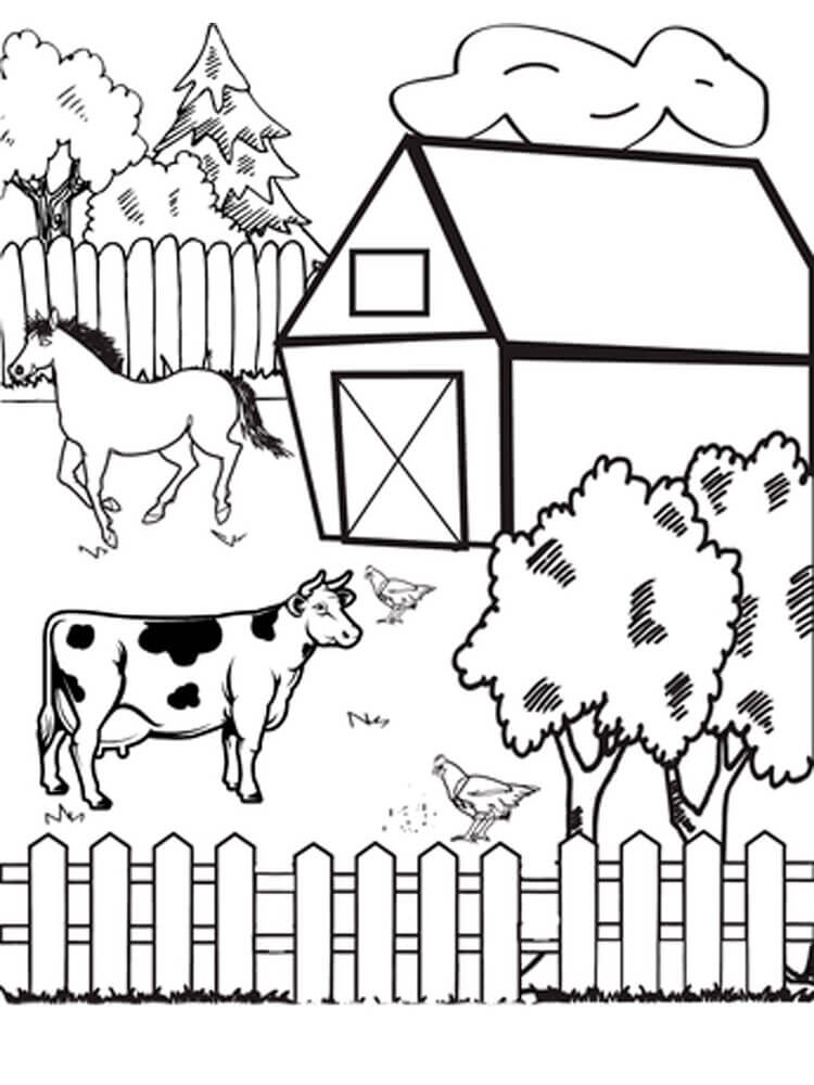 Kuh, Hühner, Pferd im Bauernhof