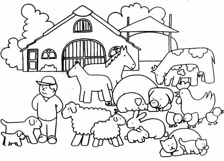 Tiere mit Bauer im Bauernhof
