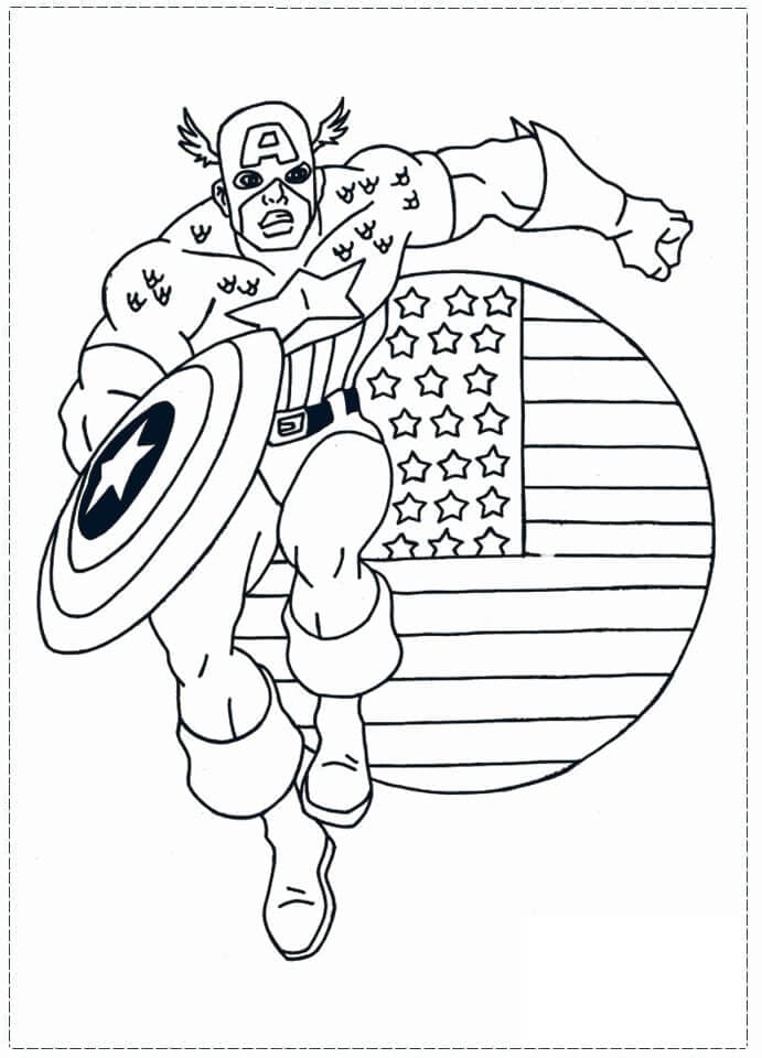 Captain America läuft mit der amerikanischen Flagge