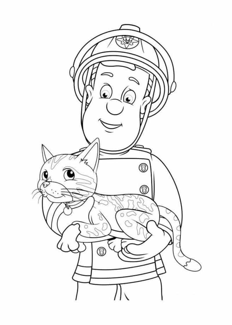 Feuerwehrmann Sam umarmt die Katze