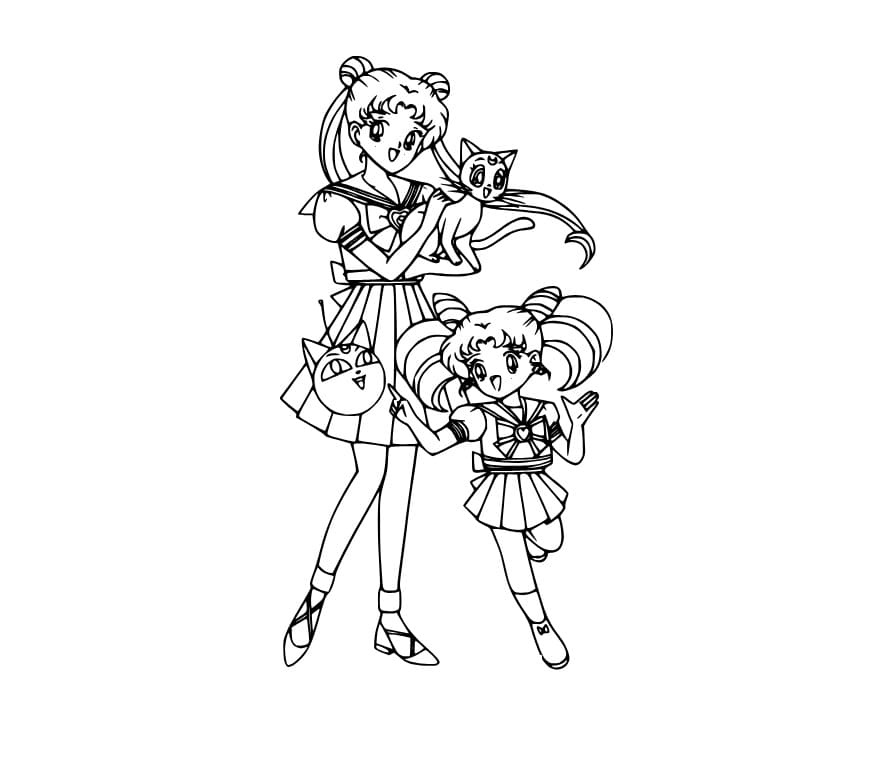 Sailor Moon und Chibiusa mit Luna Cat