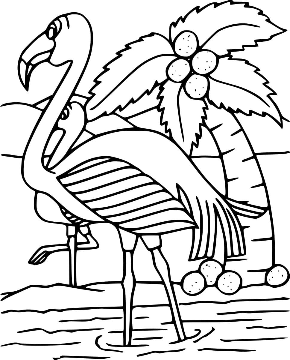 Flamingo und Kokosnussbaum