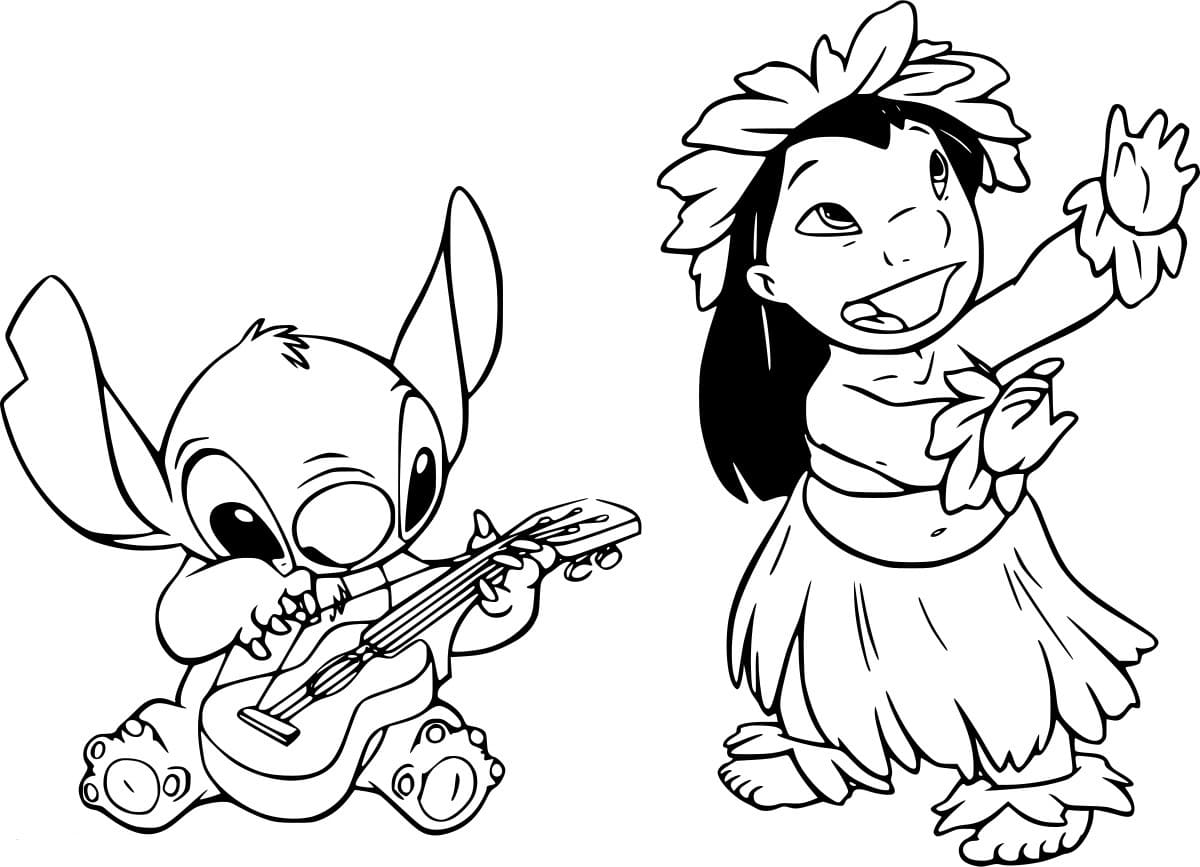 Stitch spielt Gitarre und Lilo tanzt