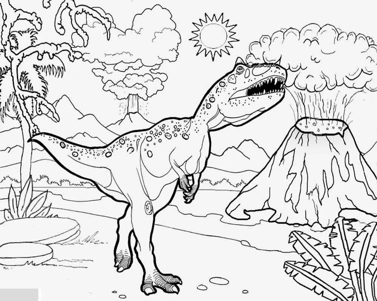 T-Rex mit Vulkanen in der Umgebung