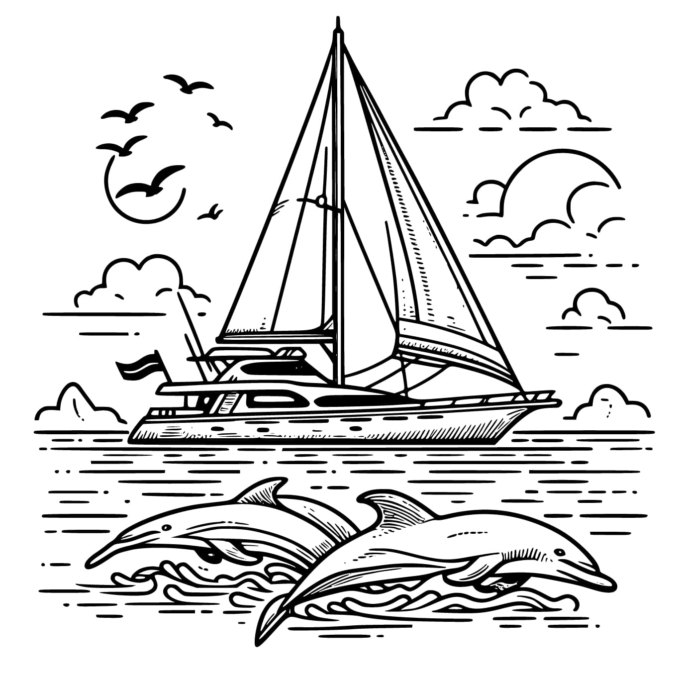 Yacht mit Delphinen