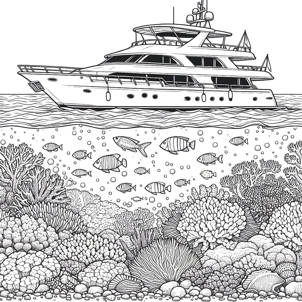 Yacht mit Korallen und Fischen