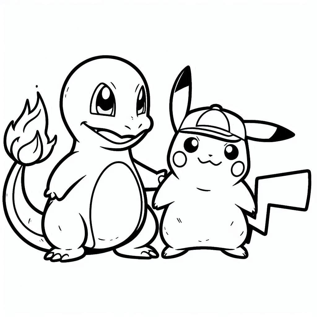 Glumanda und Pikachu lächeln