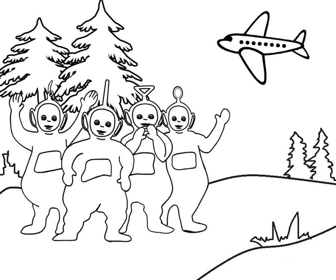 Zeichne Teletubbies und ein Flugzeug