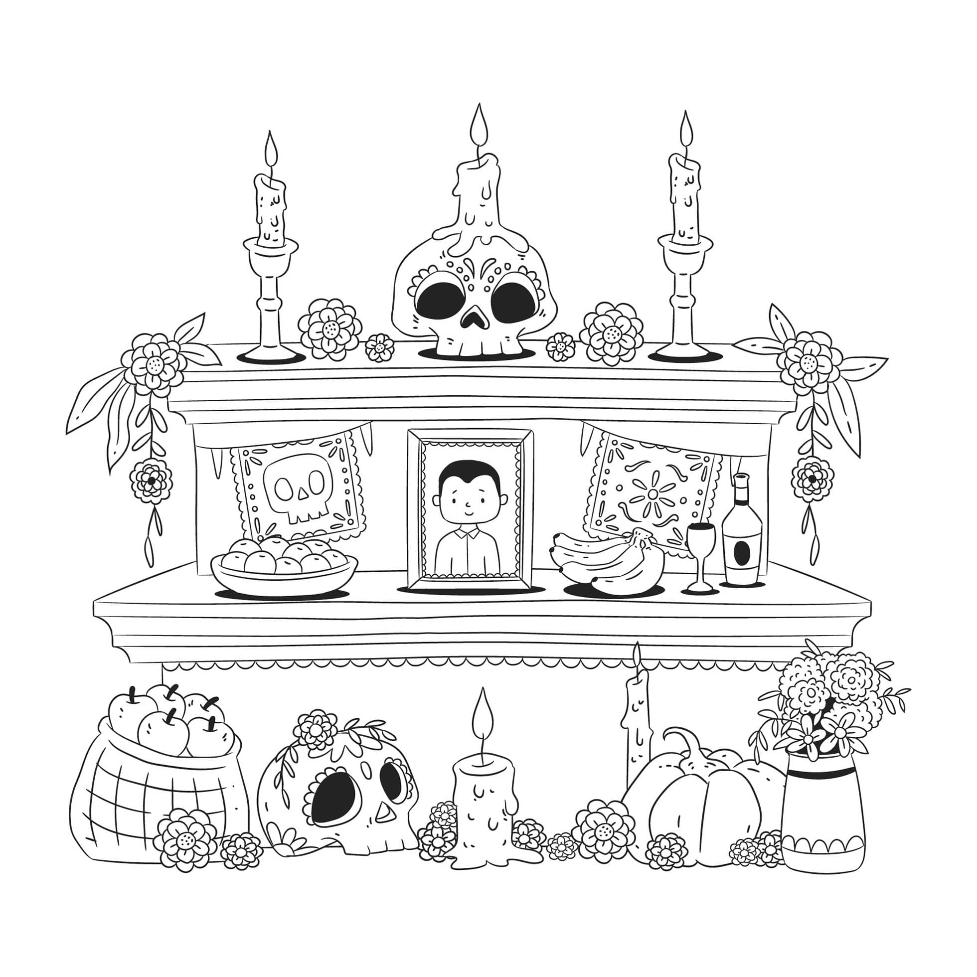 Dibujos de Altar de Muertos Imprimible en niños para colorear