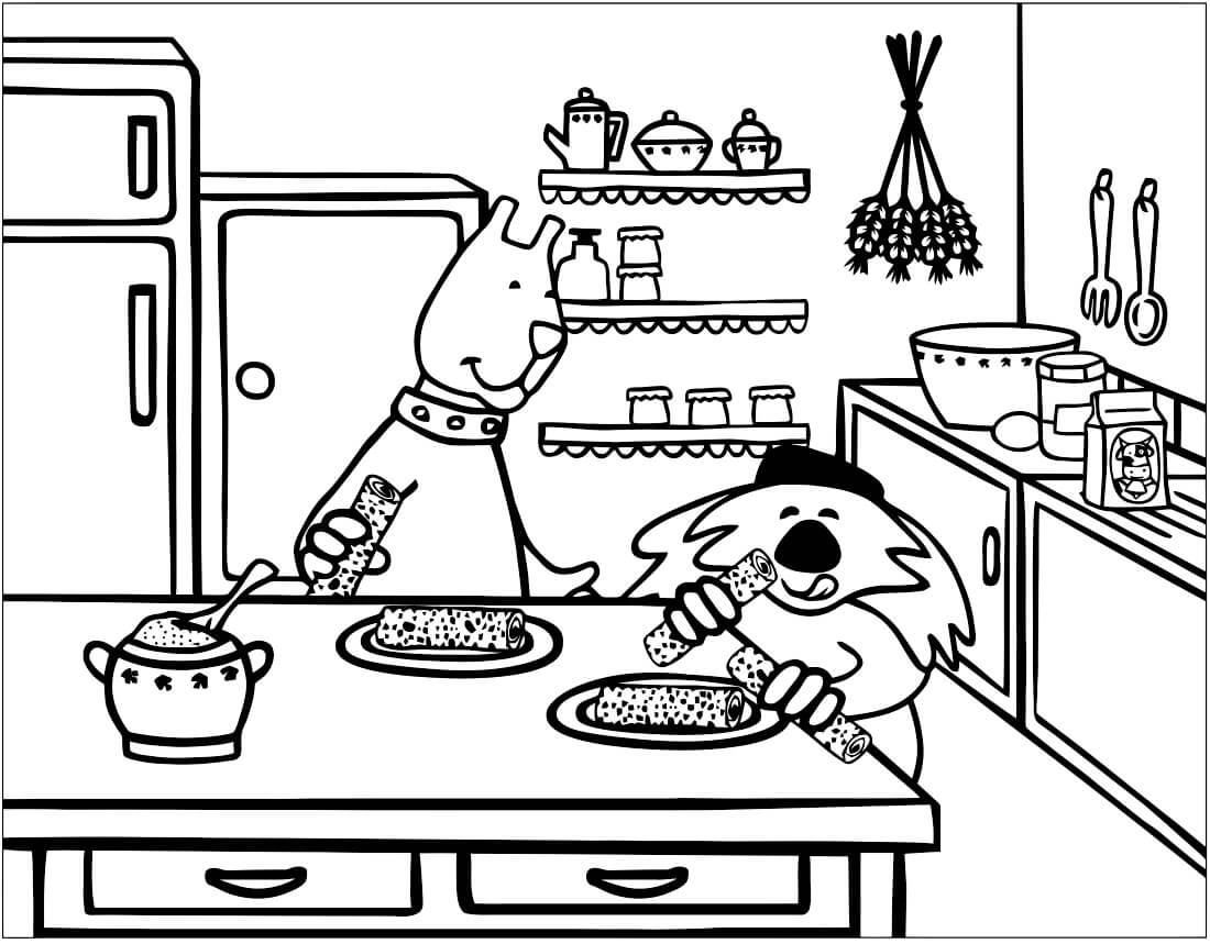 Animales Comiendo en la Cocina para colorir