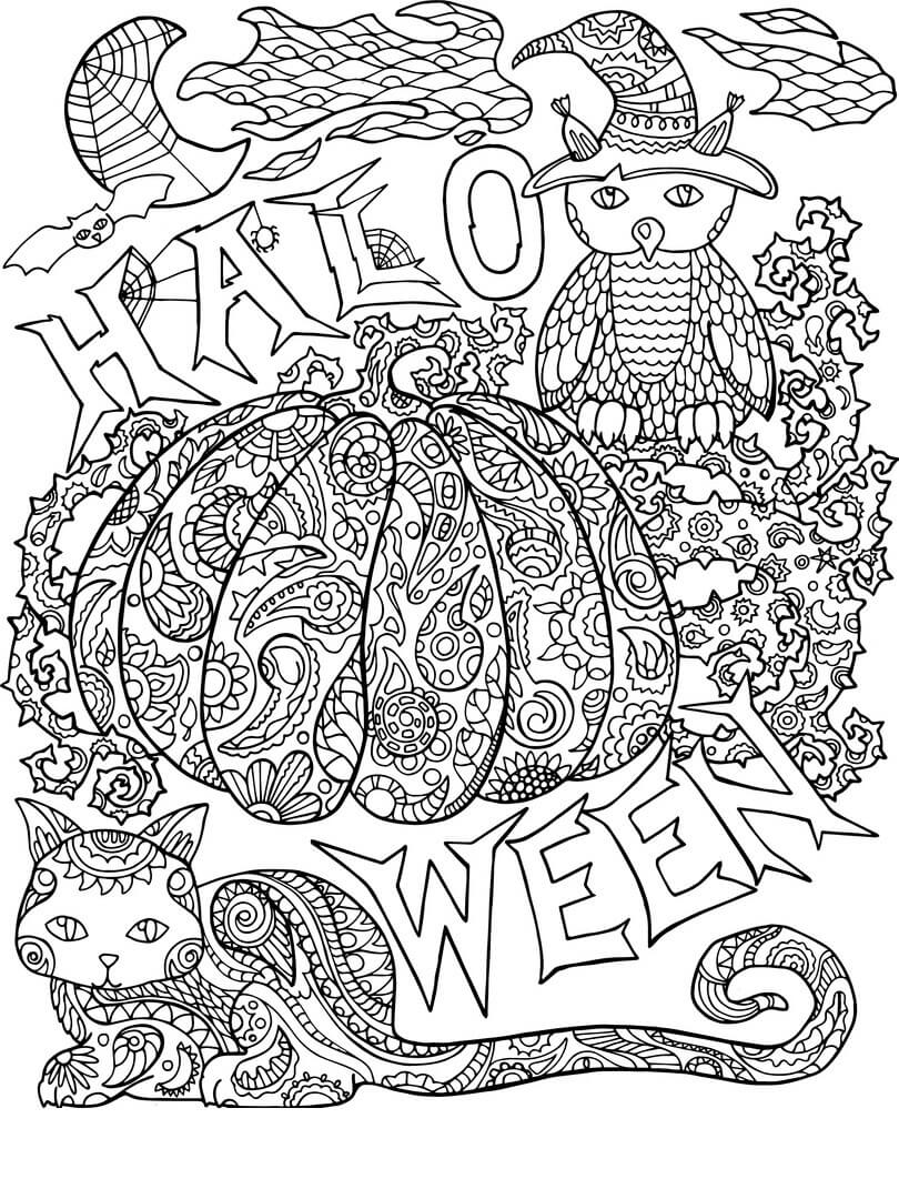 Dibujos de Animales y calabazas en los mandalas de Halloween para colorear