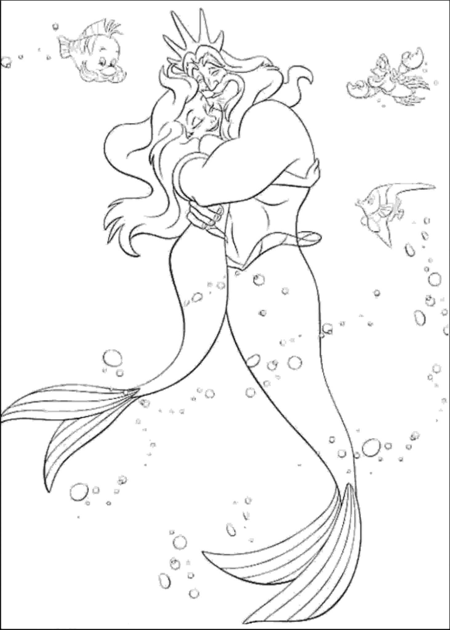 Dibujos de Aquaman Abrazando a la Sirena Ariel para colorear