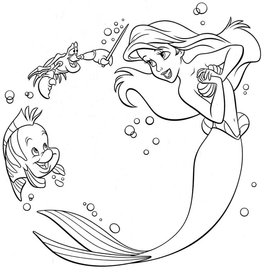 Dibujos de Ariel con Pescado y Cangrejo para colorear
