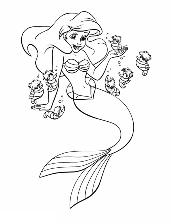 Ariel y los Caballitos de Mar para colorir