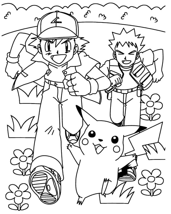 Dibujos de Ash Ketchum, Brock y Pikachu Corriendo para colorear