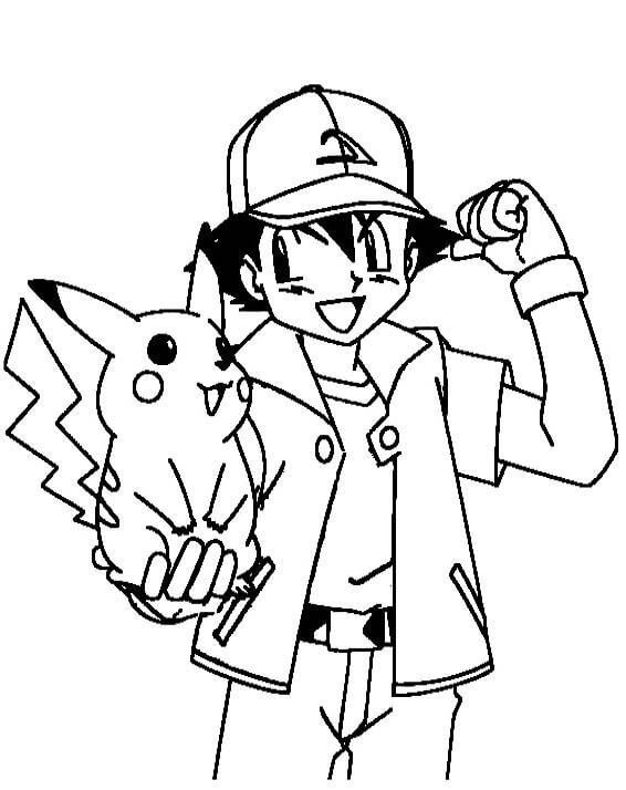 Ash Ketchum sosteniendo a Pikachu para colorir