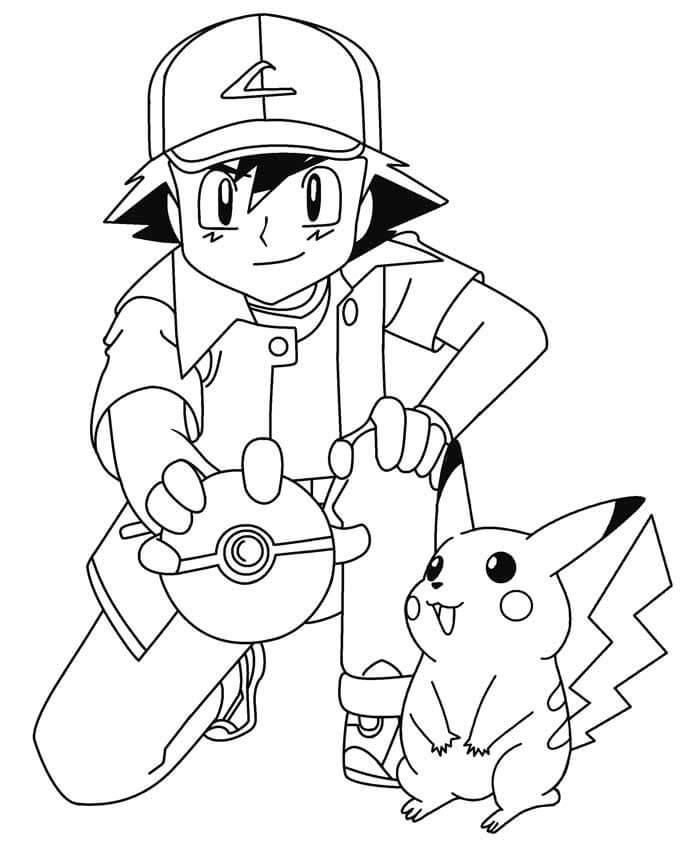 Dibujos de Ash Ketchum sosteniendo Pokeball y Pikachu para colorear
